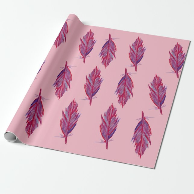Feathers Watercolor  Red Pink  Wrapping Paper (Unrolled)