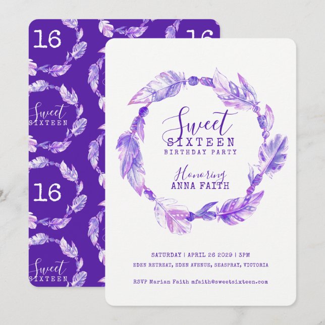 Feathers watercolor sweet sixteen purple invitation (Front/Back)