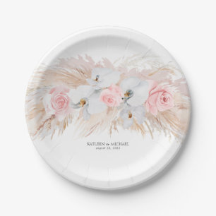 Feathery Pampas Grass and White Orchids Wedding Paper Plate