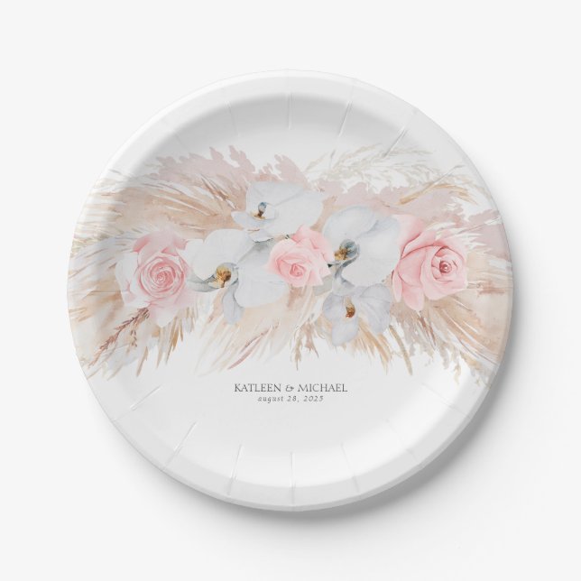 Feathery Pampas Grass and White Orchids Wedding Paper Plate (Front)