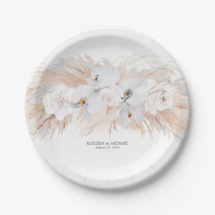 Feathery Pampas Grass and White Orchids Wedding Paper Plate