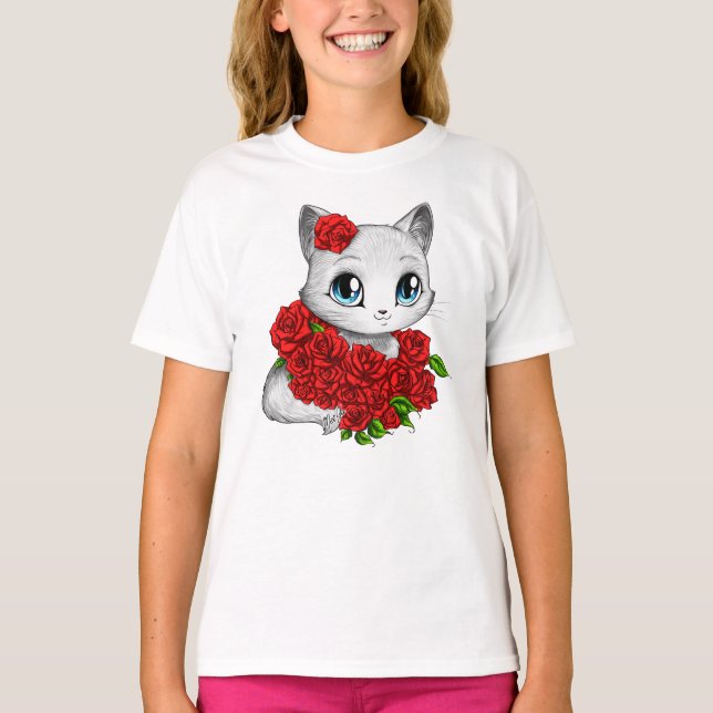 Featured Designer: Adorable Rose Cat White T-shirt (Front)
