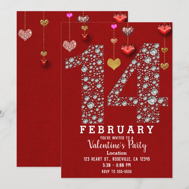 February 14 14TH Red Hearts Valentine's Day Party Invitation (Front/Back)