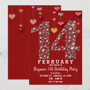 February 14 14TH Red Hearts Valentine's Party Invitation