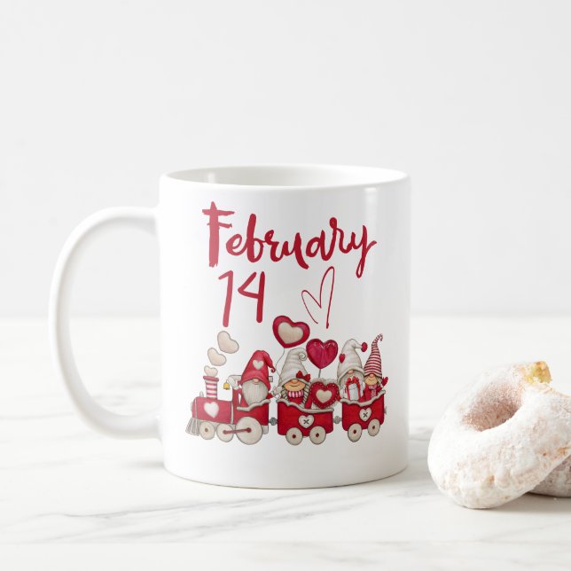 February 14,  valentine gnomes train coffee mug  (With Donut)