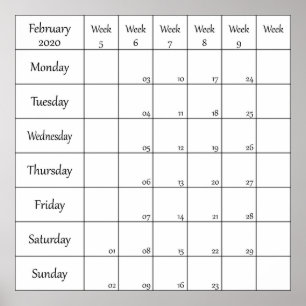 february 2020 planner calendar with week number poster