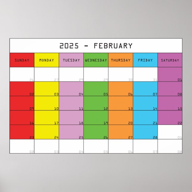 February 2025 colour days calendar planer poster (Front)