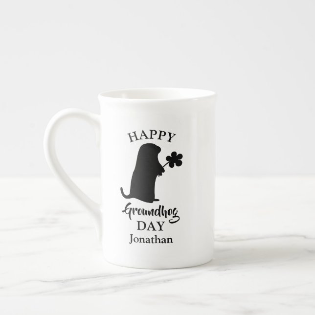 February 2 | Happy Groundhog Day Personalised Name Bone China Mug (Left)