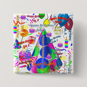 February, 8 Birthday Square Button