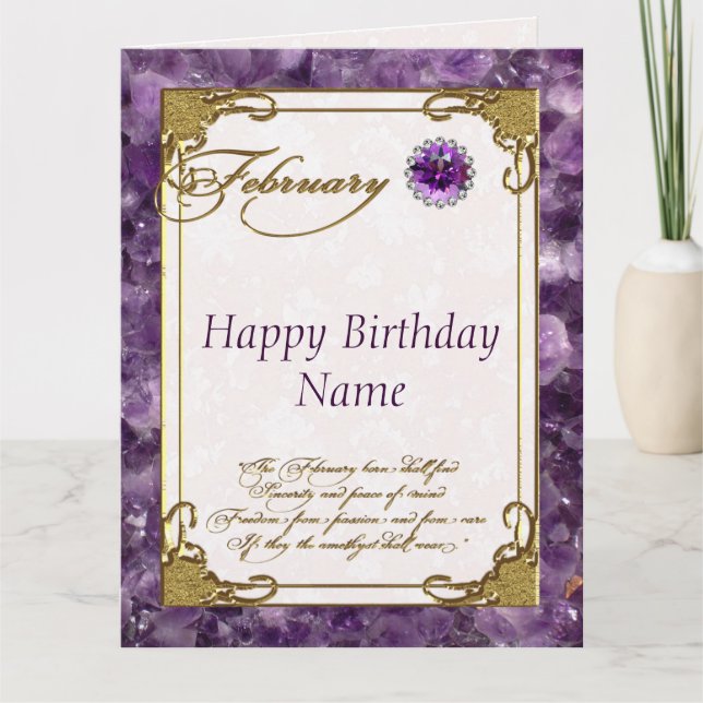 February Amethyst Birthstone Birthday 8.5x11 Card (Front)