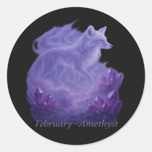 February Amethyst – Mystical Fox & Crystal Classic Round Sticker