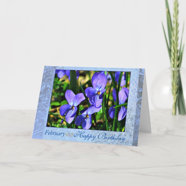 February Beautiful Blue Violets Birthday Card (Front)