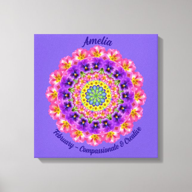 February Birth Flower Personalised Mandala Zen Art Canvas Print (Front)