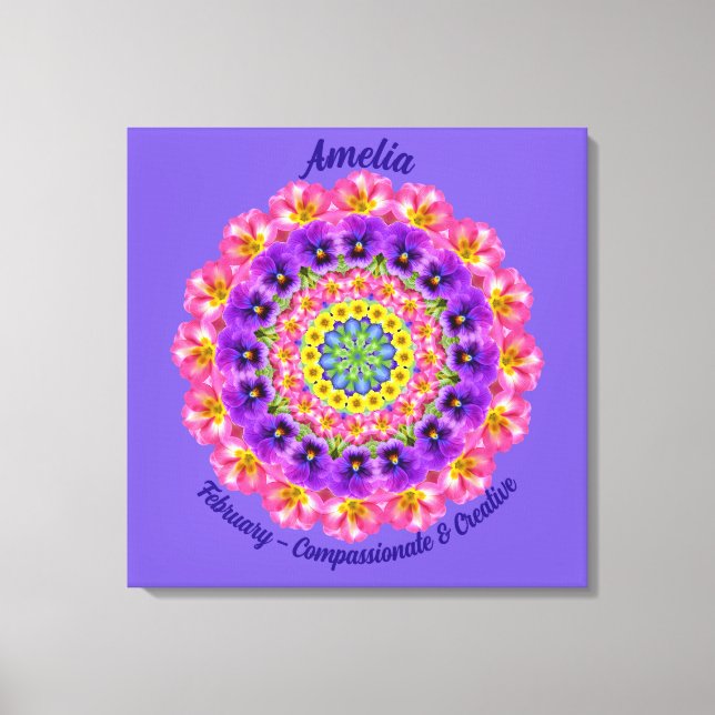 February Birth Flower Personalised Mandala Zen Art Canvas Print (Front)