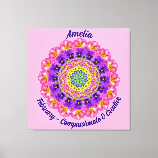 February Birth Flower Personalised Mandala Zen Art Canvas Print (Front)