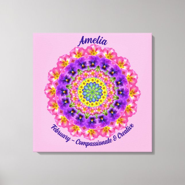 February Birth Flower Personalised Mandala Zen Art Canvas Print (Front)