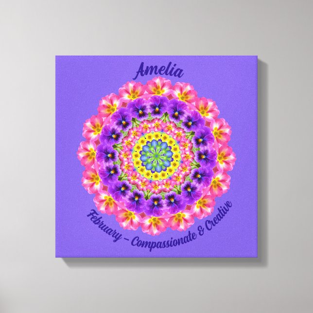 February Birth Flower Personalised Mandala Zen Art Canvas Print (Front)