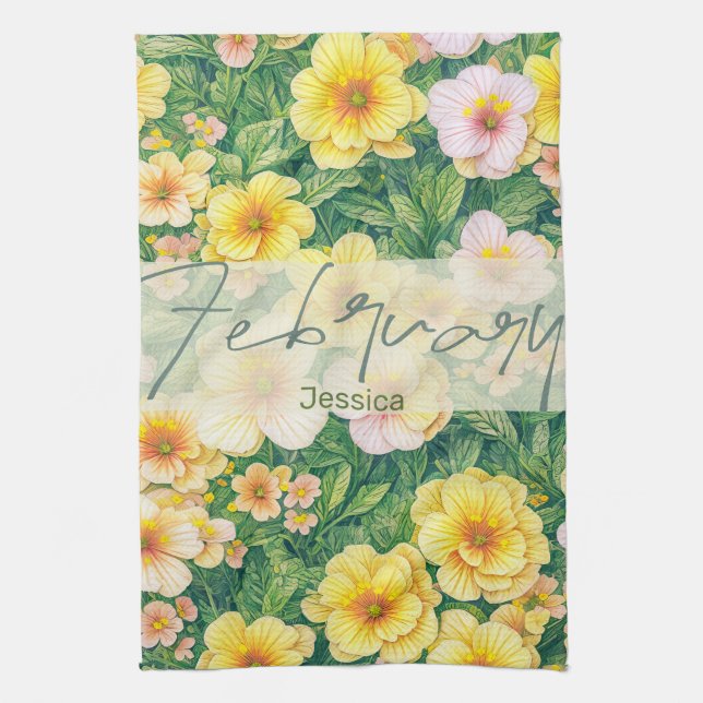 February Birth Flower Primroses Tea Towel (Vertical)