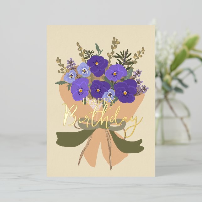 February Birth Flower Purple Violets Floral Foil Holiday Card (Standing Front)