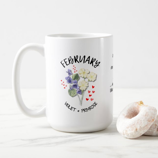 FEBRUARY Birth Month Flower Personalised Christian Coffee Mug (With Donut)