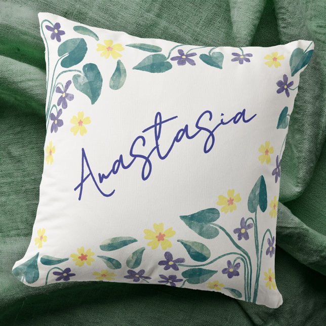 February Birth Month Violet Primrose Personalized Cushion (February birth month flower personalized script name watercolor violet primrose art throw pillow)