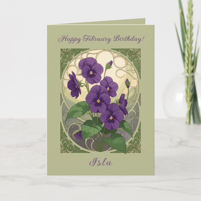 February Birthday Viola Flowers Art Nouveau Style Card (Front)