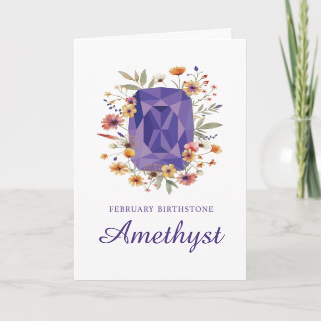 February Birthstone Amethyst Birthday with Flowers Card (Front)