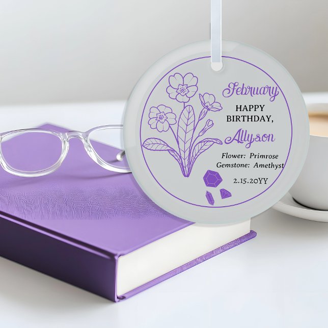 February Primrose | Amethyst Birthday Keepsake Glass Tree Decoration (February Primrose Floral | Amethyst Gemstone Birthday Keepsake Glass Ornament)