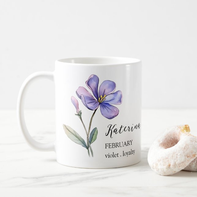 FEBRUARY VIOLET BIRTH FLOWER MONTH NAME GIFT COFFEE MUG (With Donut)
