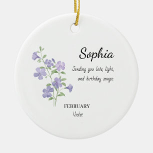 February Violet Personalised Birthday Ceramic Tree Decoration