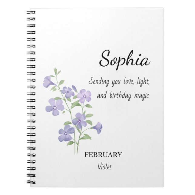 February Violet Personalised Birthday Notebook (Front)