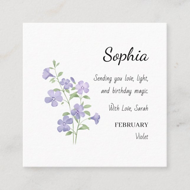 February Violet Personalised Birthday Square Business Card (Front)