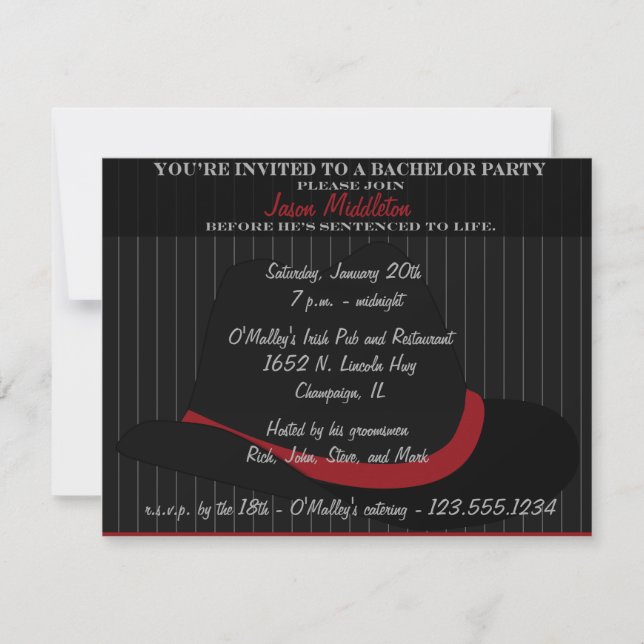 Fedora Hat and Pinstripes Bachelor Party Invitation (Front)