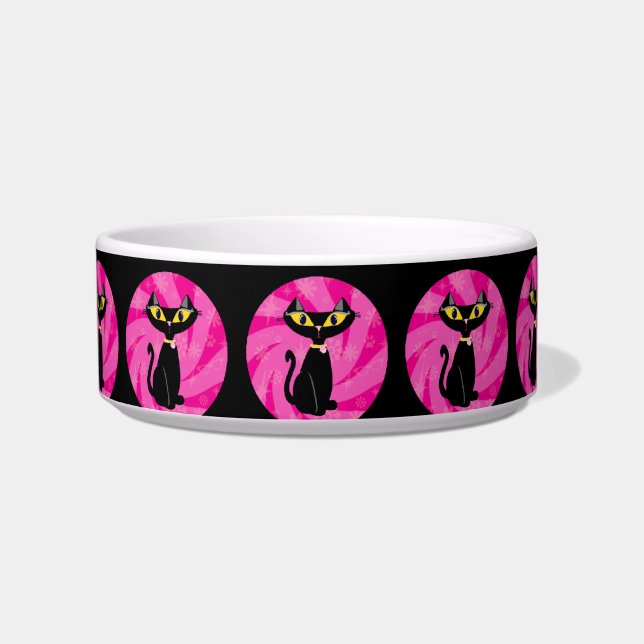 Feed Me Black Cat on Pink Pattern Retro Art Bowl (Front)