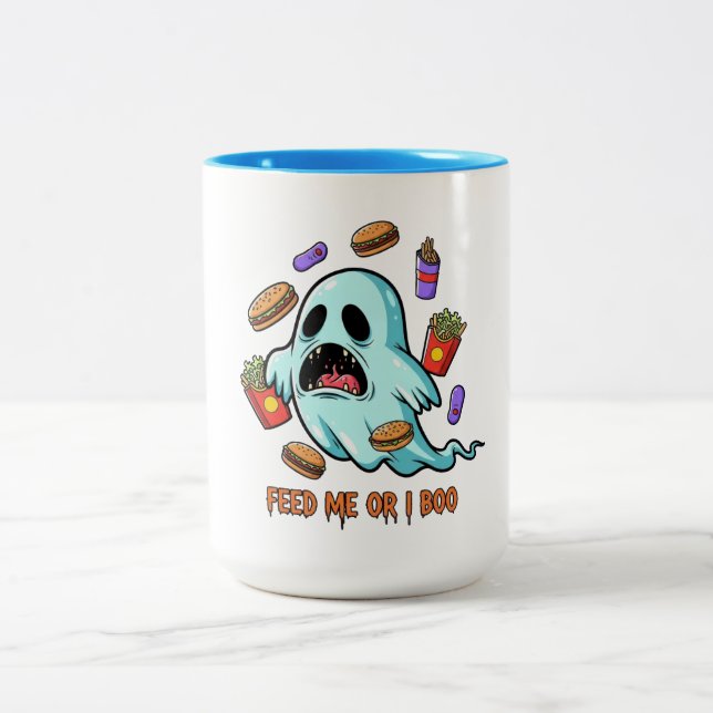 Feed me or I Boo Ghost Halloween Two-Tone Coffee Mug (Center)