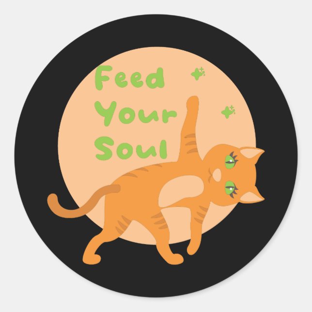 Feed your soul Kawaii orange funny cat doing yoga Classic Round Sticker (Front)