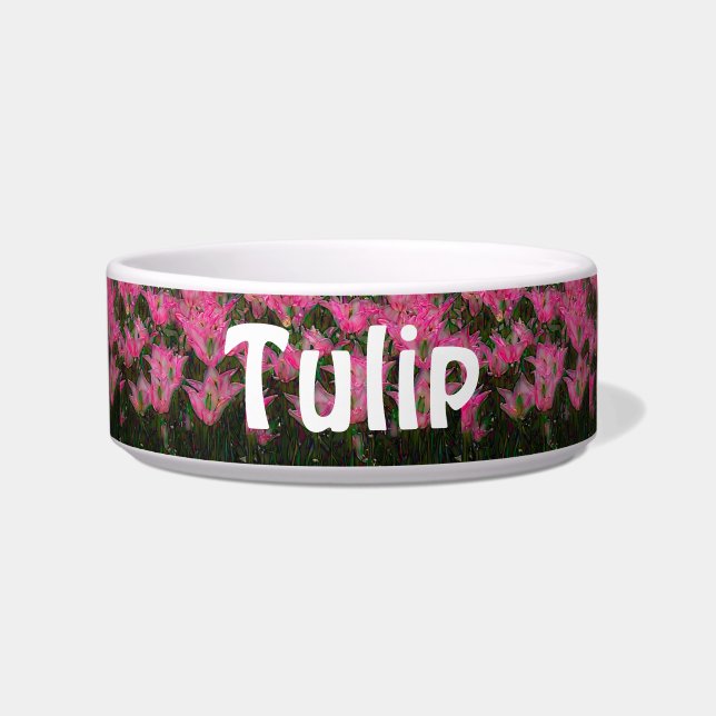 Feeding and Water Pet Bowl in Dark Pink Tulips (Front)