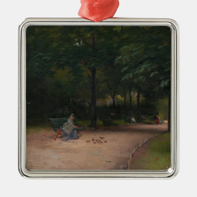 Feeding Birds in the Park (by Paul Peel) Metal Tree Decoration (Front)