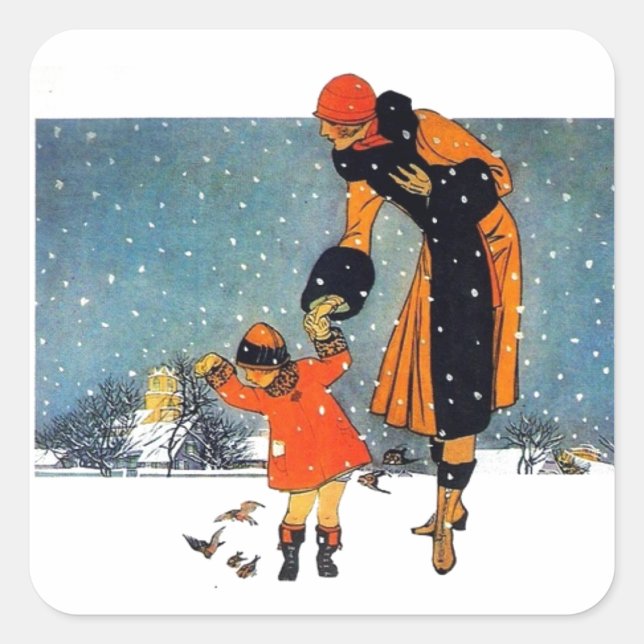 Feeding Birds in the Snow Classic Round Sticker (Front)