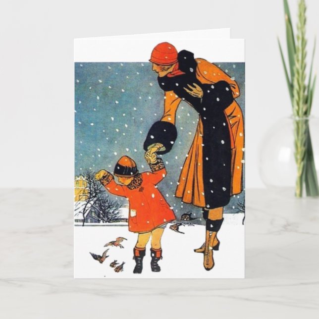 Feeding Birds in the Snow Holiday Card (Front)