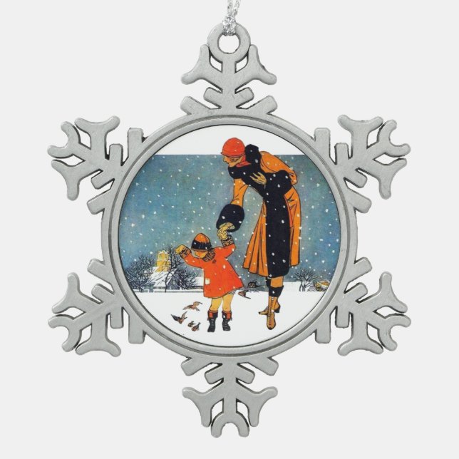 Feeding Birds in the Snow Snowflake Pewter Christmas Ornament (Front)