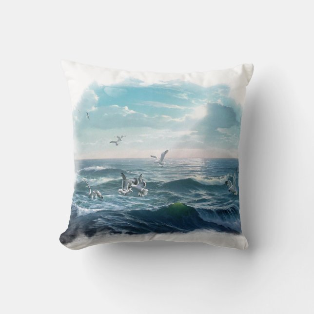 Feeding on the Surf reversible, Beach Theme Pillow (Front)