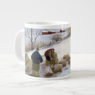 Feeding sheep in winter large coffee mug