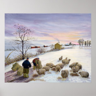 Feeding sheep in winter poster