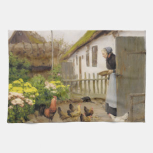 Feeding the Hens (by H.A. Brendekilde) Tea Towel