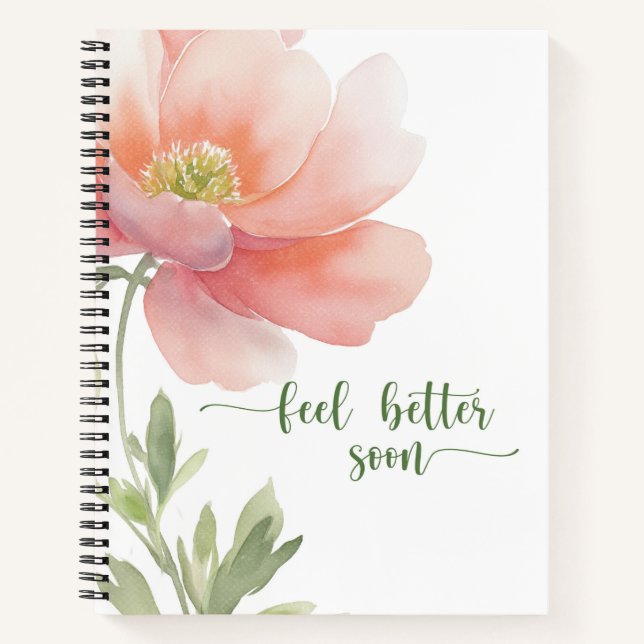 Feel Better Pretty Large Peach Watercolor Flower Notebook (Front)
