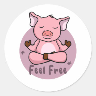 Feel free Kawaii cute pink pig doing yoga poses Classic Round Sticker