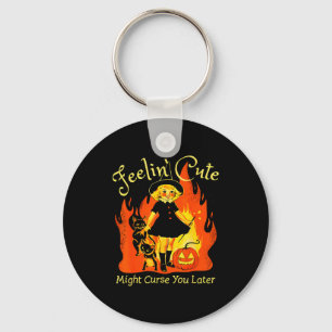 Feelin Cute Might Curse You Later Retro Witch Cat  Key Ring
