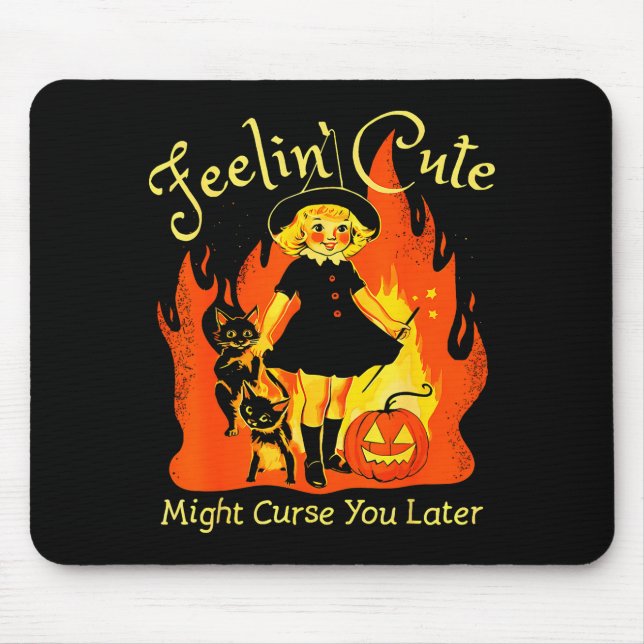 Feelin Cute Might Curse You Later Retro Witch Cat  Mouse Mat (Front)