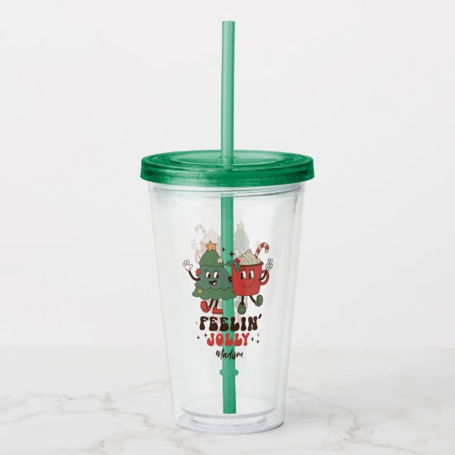 Feelin' Jolly Christmas Holidays Funny Retro Name Acrylic Tumbler (Front)